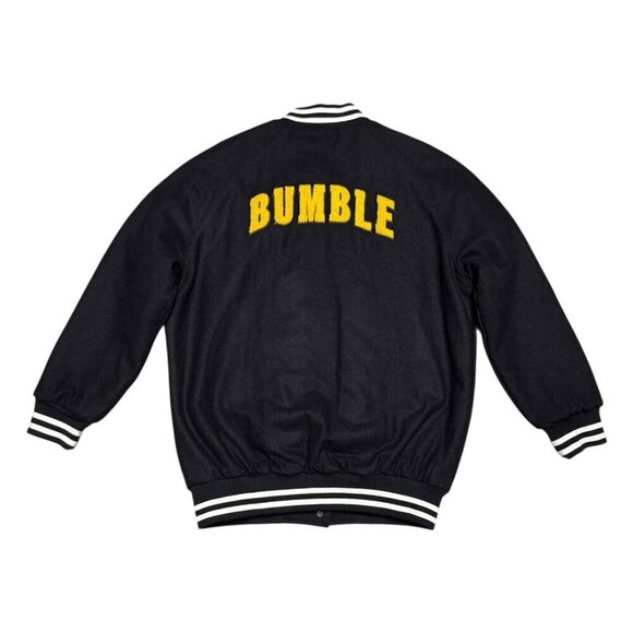 BUMBLE Social Dating App Black LETTERMAN Bomber Varsity Jacket Mens Small Rare - Picture 1 of 6